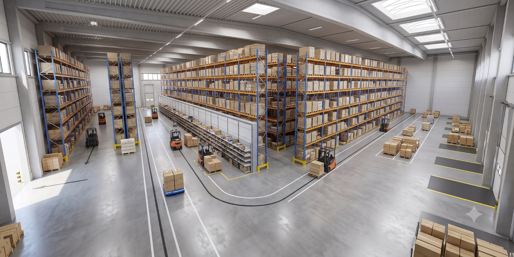 Interior view of an L-Shape warehouse. The material flow is directed through the hall at a 90-degree angle, from incoming goods to outgoing goods. Special pre-zone for value-added services in the inner corner area. Automatic pallet inspection